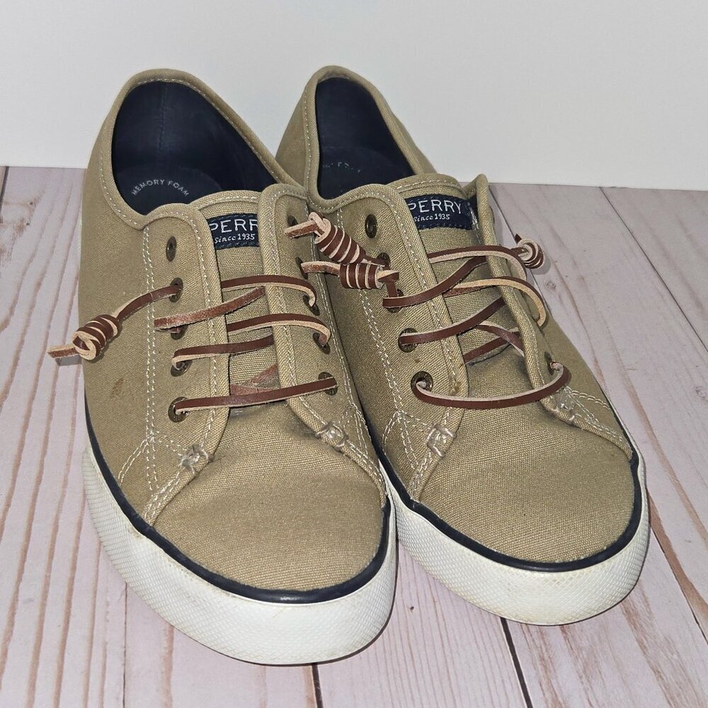 Sperry Pier View Tan Canvas Sneakers Women’s Size 11 Lace Up Casual Shoes